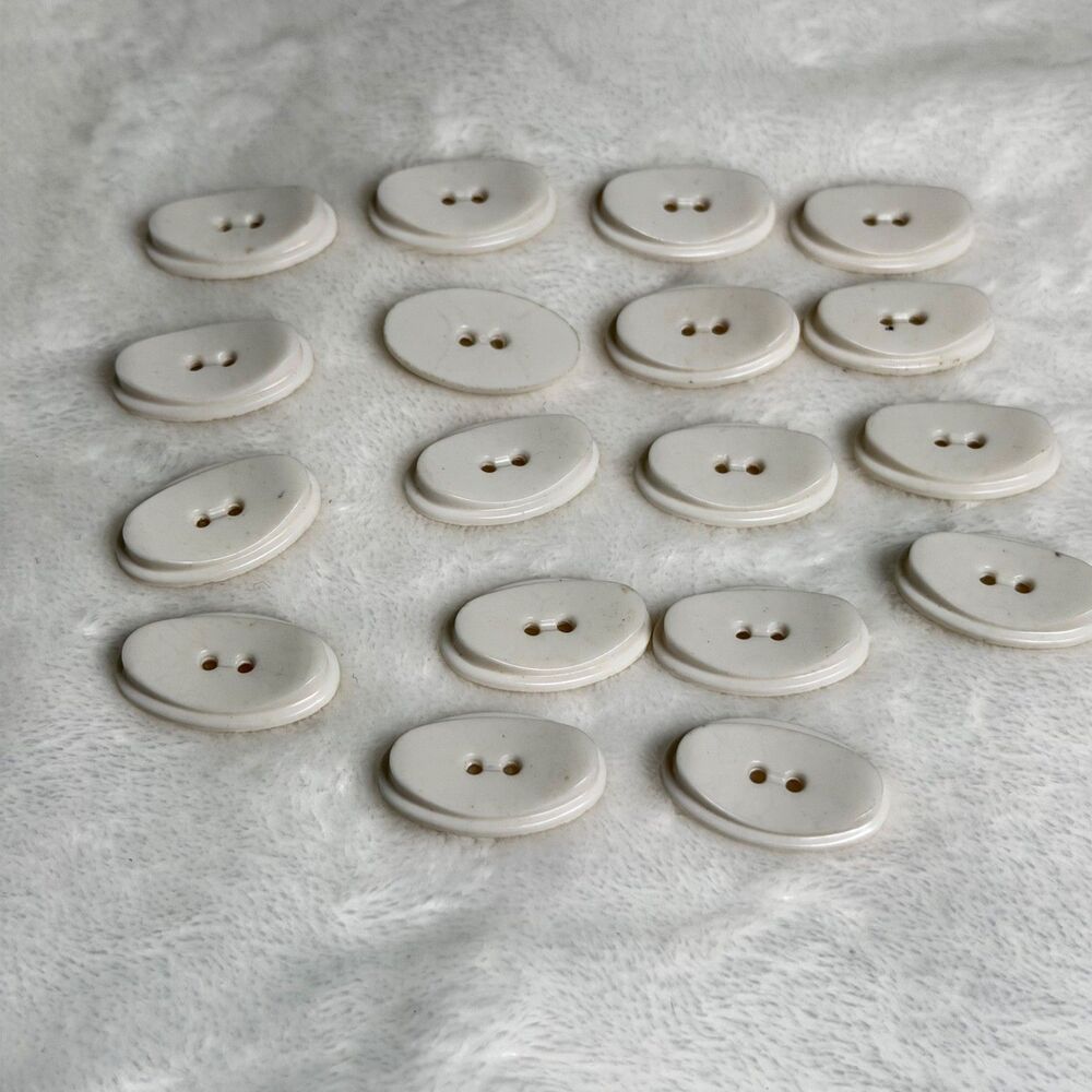 Vintage White Oval Buttons Lot 18 Two Hole Plastic Lucite Coat Sewing Craft